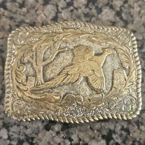 Crumrine Pheasant Belt Buckle Vtg Bronze Hunter Hunting Bird Dog